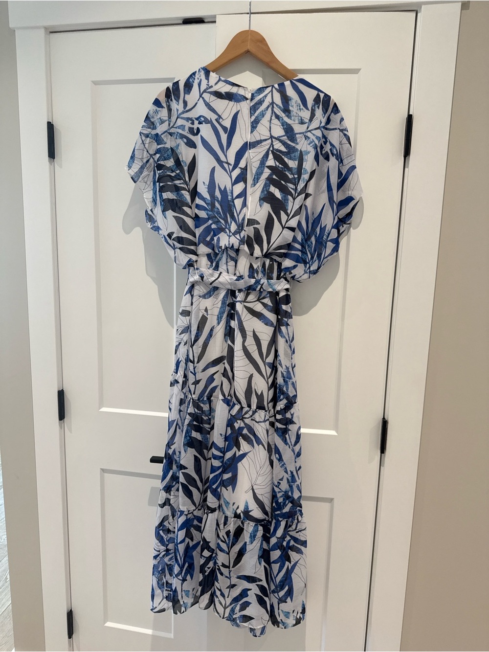 Joseph Ribkoff Blue and White Leaf-Print Tiered Midi Dress